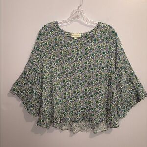 Cynthia Rowley Women’s 1X Blue Green Flowy Light Floral Ruffle V-Neck 3/4 Sleeve